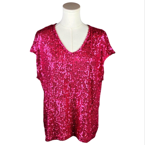 CeCe by Cynthia Steffe Pink Sequin V-Neck Blouse Party Top Short Sleeve - Picture 1 of 7